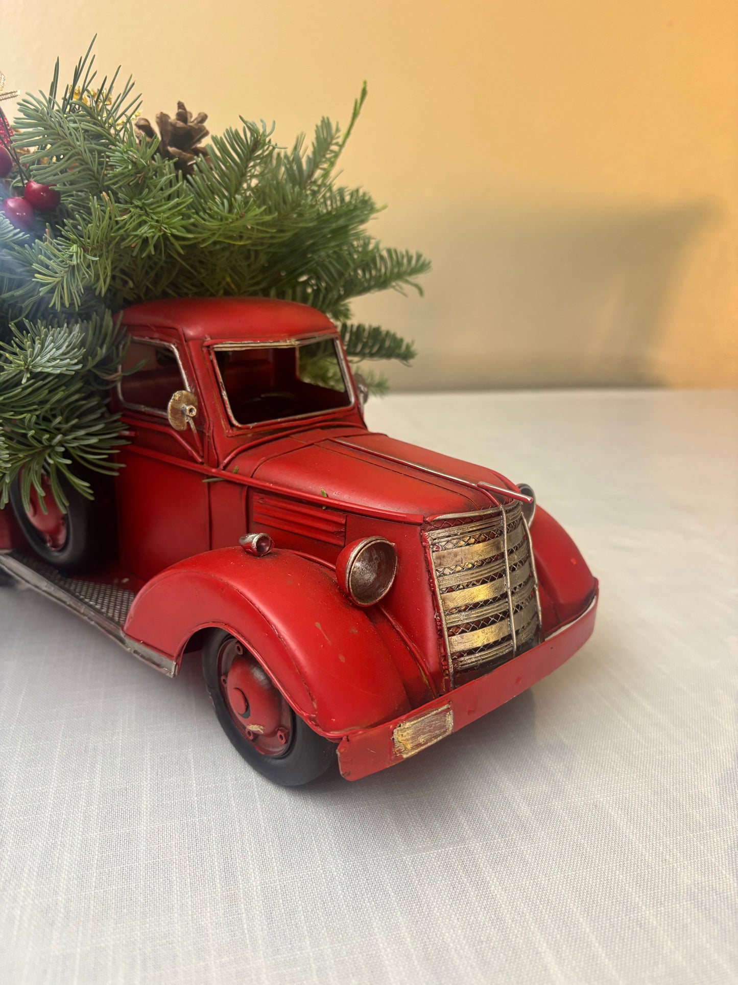 Red metal truck centerpiece