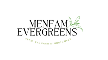 Logo for Menfam Evergreens with text and leaf design on a white background